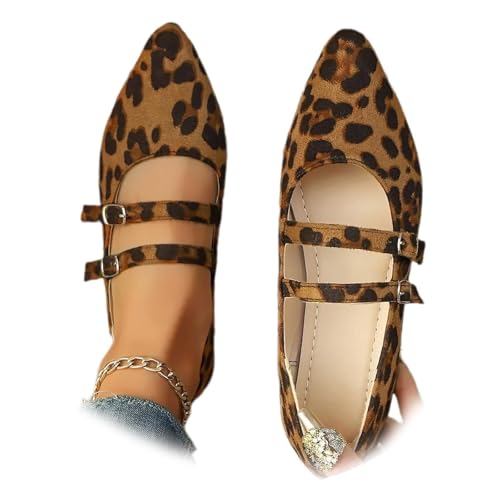 Women's Leopard Mary Jane Flats, Comfortable Suede Slip-On Pointed Toe Ballet Mary Jane with Adjustable Buckle Work Dressy Shoes (Leopard,40) von MASHANGGOU