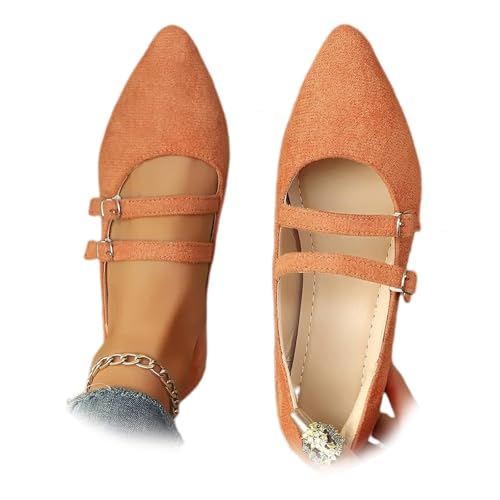 Women's Leopard Mary Jane Flats, Comfortable Suede Slip-On Pointed Toe Ballet Mary Jane with Adjustable Buckle Work Dressy Shoes (Orange,39) von MASHANGGOU