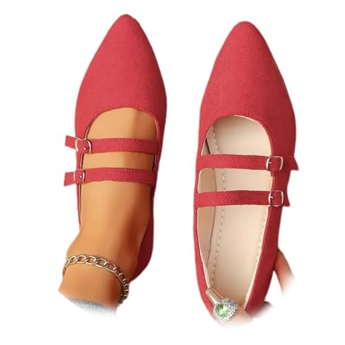 Women's Leopard Mary Jane Flats, Comfortable Suede Slip-On Pointed Toe Ballet Mary Jane with Adjustable Buckle Work Dressy Shoes (Red,39) von MASHANGGOU