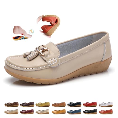 Women's Orthopedic Leather Moccasin, Classic Moccasins Rubber Non Slip Soles Casual Low top Slip-on Loafers for Office Travel Driving Flats (Beige,41) von MASHANGGOU