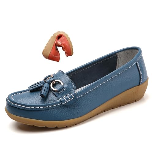 Women's Orthopedic Leather Loafers, Classic Moccasins Rubber Non Slip Soles Casual Low top Slip-on Loafers for Office Travel Driving Flats (Blue,38) von MASHANGGOU