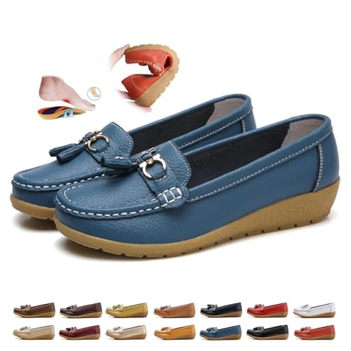 Women's Orthopedic Leather Loafers, Classic Moccasins Rubber Non Slip Soles Casual Low top Slip-on Loafers for Office Travel Driving Flats (Blue,39) von MASHANGGOU