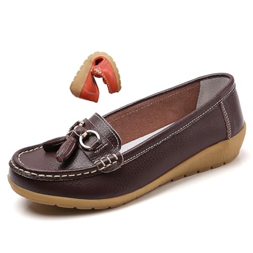 Women's Orthopedic Leather Loafers, Classic Moccasins Rubber Non Slip Soles Casual Low top Slip-on Loafers for Office Travel Driving Flats (Coffee,40) von MASHANGGOU