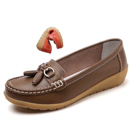 Women's Orthopedic Leather Loafers, Classic Moccasins Rubber Non Slip Soles Casual Low top Slip-on Loafers for Office Travel Driving Flats (Khaki,36) von MASHANGGOU