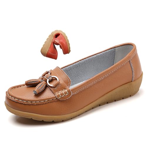 Women's Orthopedic Leather Loafers, Classic Moccasins Rubber Non Slip Soles Casual Low top Slip-on Loafers for Office Travel Driving Flats (Light Brown,38) von MASHANGGOU