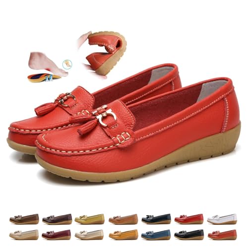 Women's Orthopedic Leather Moccasin, Classic Moccasins Rubber Non Slip Soles Casual Low top Slip-on Loafers for Office Travel Driving Flats (Red,37) von MASHANGGOU