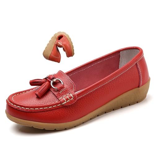 Women's Orthopedic Leather Loafers, Classic Moccasins Rubber Non Slip Soles Casual Low top Slip-on Loafers for Office Travel Driving Flats (Red,37) von MASHANGGOU
