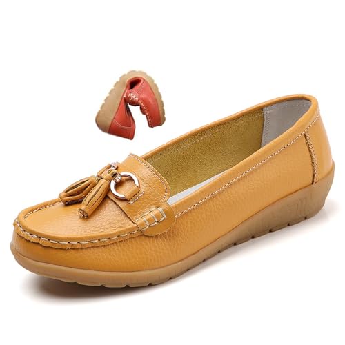 Women's Orthopedic Leather Loafers, Classic Moccasins Rubber Non Slip Soles Casual Low top Slip-on Loafers for Office Travel Driving Flats (Yellow,39) von MASHANGGOU