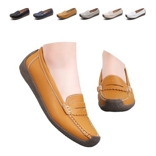 Women's Orthopedic Loafers Classic Moccasin, Casual Slip-On Boat Shoes Classic Wide Leather Loafers Driving Loafers for Work Walking (Yellow,41EU) von MASHANGGOU