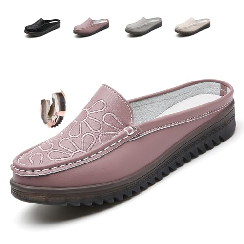 Women's Slip-On Leather Mules, Breathable PU Leather Clogs Slippers Women Slip-on Mules Soft Backless Loafers Closed Toe Sandals (Bean pink,41EU) von MASHANGGOU