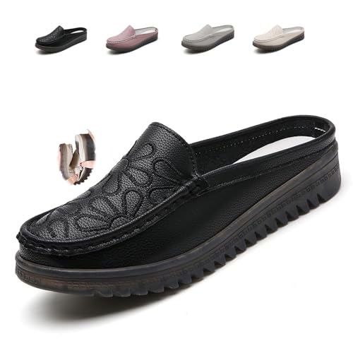 Women's Slip-On Leather Mules, Breathable PU Leather Clogs Slippers Women Slip-on Mules Soft Backless Loafers Closed Toe Sandals (Black,37EU) von MASHANGGOU