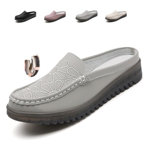Women's Slip-On Leather Mules, Breathable PU Leather Clogs Slippers Women Slip-on Mules Soft Backless Loafers Closed Toe Sandals (Grey,35EU) von MASHANGGOU
