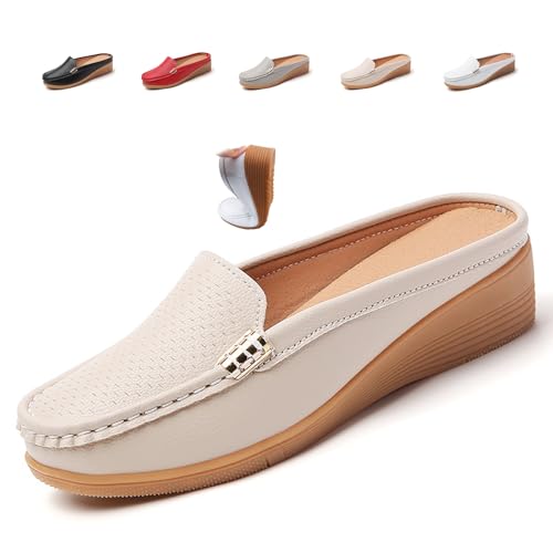 Women's Slip-On Leather Mules, PU Leather Clogs Women Slip-on Mules Soft Lightweight Backless Loafers Closed Toe Sandals (Beige,36EU) von MASHANGGOU