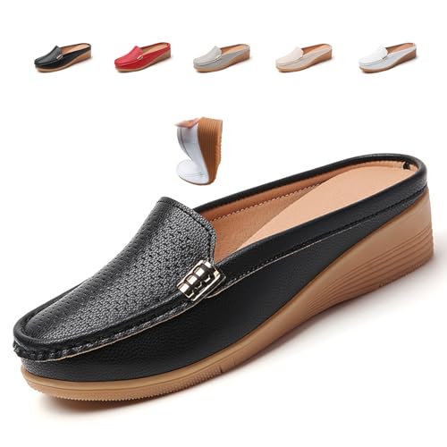 Women's Slip-On Leather Mules, PU Leather Clogs Women Slip-on Mules Soft Lightweight Backless Loafers Closed Toe Sandals (Black,36EU) von MASHANGGOU
