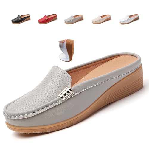 Women's Slip-On Leather Mules, PU Leather Clogs Women Slip-on Mules Soft Lightweight Backless Loafers Closed Toe Sandals (Grey,36EU) von MASHANGGOU