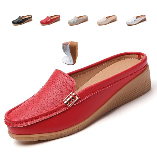 Women's Slip-On Leather Mules, PU Leather Clogs Women Slip-on Mules Soft Lightweight Backless Loafers Closed Toe Sandals (Red,35EU) von MASHANGGOU