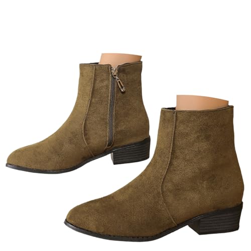 Women's Suede Ankle Boots with Zip, Pointed Toe Chunky Heeled Outdoor Boots Low Heel Boot Fashion Fall Winter Short Boots (41EU,Bottle Green) von MASHANGGOU