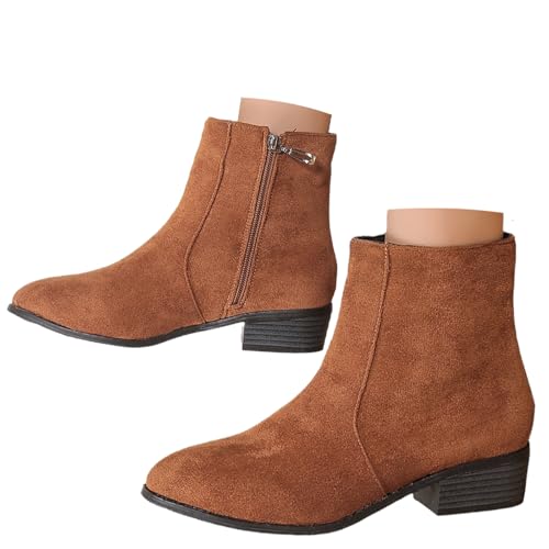 Women's Suede Ankle Boots with Zip, Pointed Toe Chunky Heeled Outdoor Boots Low Heel Boot Fashion Fall Winter Short Boots (41EU,Brown) von MASHANGGOU