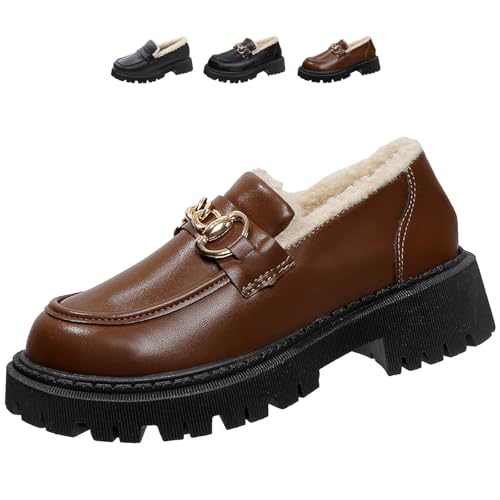 Women's Wool Lining Thick Sole Leather Loafers, Slip-On Platform Chunky Heel Loafers Moccasins Soft Warm Chunky Heel Business Dress Work (Brown,41) von MASHANGGOU