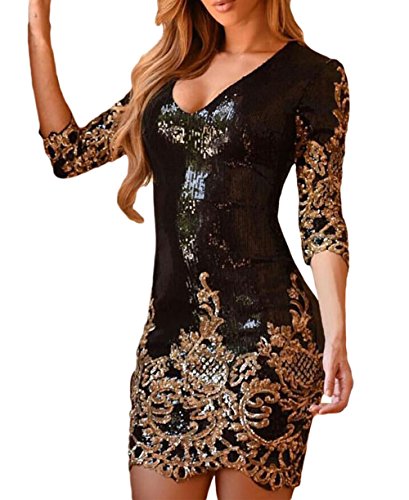 MASHIKOU Damen V-Ausschnitt Bodycon Minikleid Paillettenkleid Partykleid Kurz Cocktailkleid (S, Schwarzes Gold) von NBBNYJ