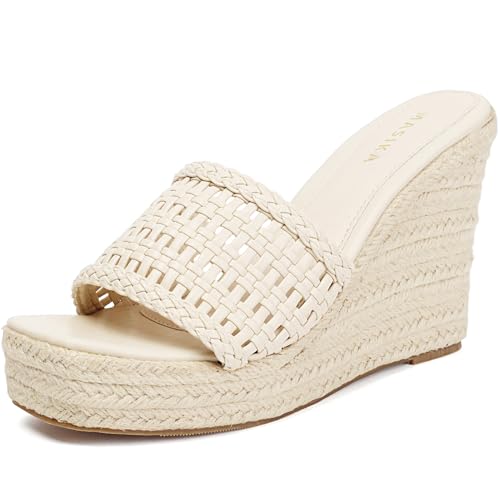 MASIKA Damen Sandalen Bequeme Keilform Plateau Schuhe Gewebte Oberfläche High Heels Sommer Strand Hausschuhe, Beige, 38 EU von MASIKA