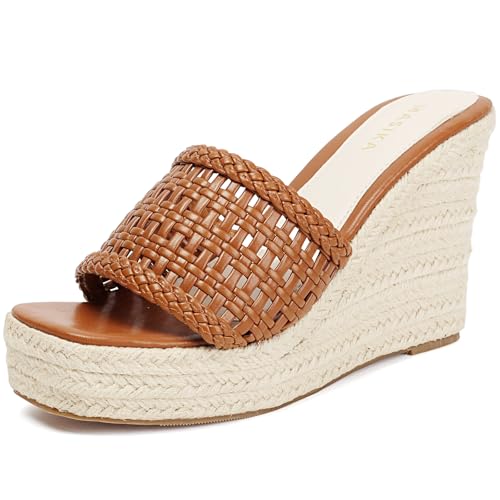 MASIKA Damen Sandalen Bequeme Keilform Plateau Schuhe Gewebte Oberfläche High Heels Sommer Strand Hausschuhe, Braun, 41 EU von MASIKA