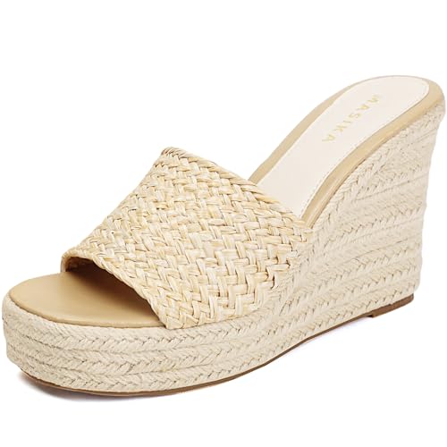 MASIKA Damen Sandalen Bequeme Keilform Plateau Schuhe Gewebte Oberfläche High Heels Sommer Strand Hausschuhe, Khaki, 35.5 EU von MASIKA