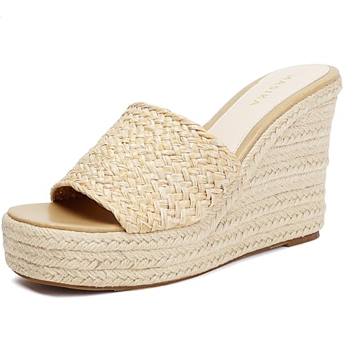 MASIKA Damen Sandalen Bequeme Keilform Plateau Schuhe Gewebte Oberfläche High Heels Sommer Strand Hausschuhe, Khaki, 41 EU von MASIKA