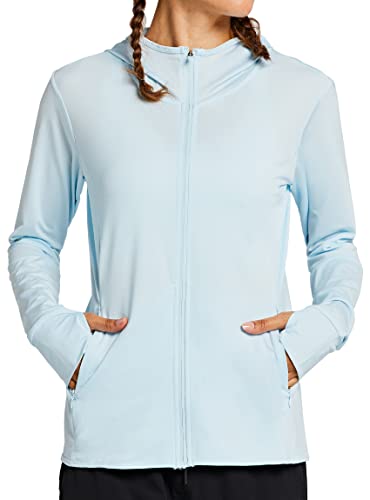 MASKERT Damen UV Shirt Sonnenschutz Hoodie Laufshirt Langarm Full Zip Funktionsshirt Wandershirts Sportshirt Running mit Taschen Outdoor Jacke UPF 50+, Eisblau M von MASKERT
