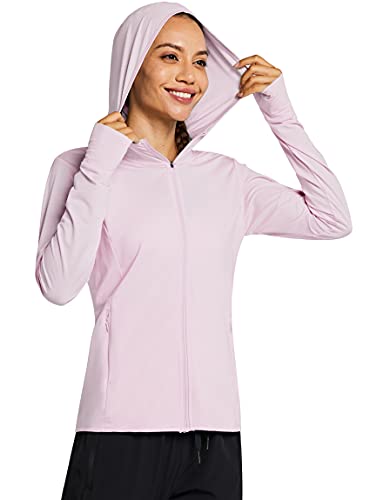 MASKERT Damen UV Shirt Sonnenschutz Hoodie Laufshirt Langarm Full Zip Funktionsshirt Wandershirts Sportshirt Running mit Taschen Outdoor Jacke UPF 50+, Hellrosa M von MASKERT
