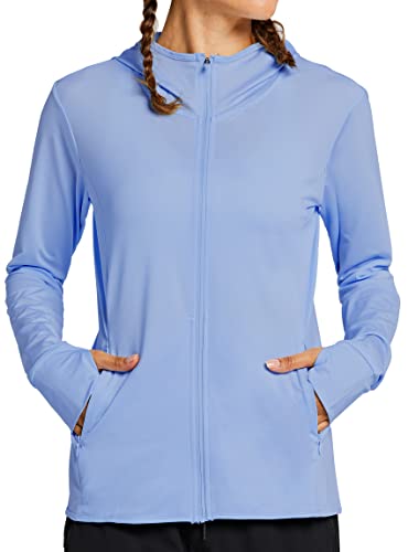 MASKERT Damen UV Shirt Sonnenschutz Hoodie Laufshirt Langarm Full Zip Funktionsshirt Wandershirts Sportshirt Running mit Taschen Outdoor Jacke UPF 50+, Lavendelblau XS von MASKERT