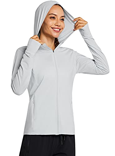 MASKERT Damen UV Shirt Sonnenschutz Hoodie Laufshirt Langarm Full Zip Funktionsshirt Wandershirts Sportshirt Running mit Taschen Outdoor Jacke UPF 50+, Hellgrau XS von MASKERT
