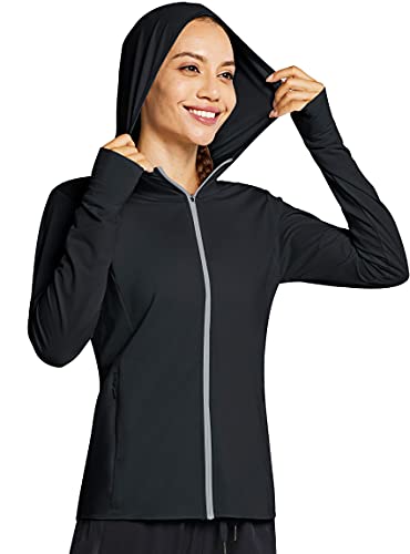 MASKERT Damen UV Shirt Sonnenschutz Hoodie Laufshirt Langarm Full Zip Funktionsshirt Wandershirts Sportshirt Running mit Taschen Outdoor Jacke UPF 50+, Schwarz S von MASKERT