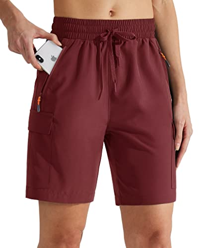 MASKERT Wanderhose Damen Kurz Outdoor Sports Shorts 7'' Laufshort Stretch Sporthose Laufhosen Sommer Kurze Cargohose Wandershorts mit Taschen, Rubinwein XXL von MASKERT