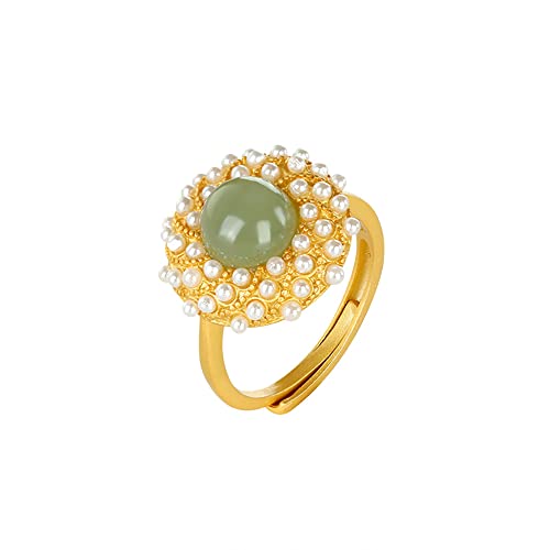 Hetian Natural Jade Ring Silber Vergoldet S925 Saphir Perle Ring Intarsien Ring Verstellbar Mode Weiblicher Schmuck für Frauen Geburtstag Muttertag (Hetian, adjustable, Silber von MASKIS