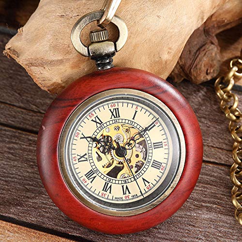 MASKIS Taschenuhr Einzigartiges Holzgehäuse Mechanische Taschenuhr Handaufzug Steampunk Skelett Taschenuhr Kette Römer Halskette Anhänger für Männer Frauen, weiß von MASKIS