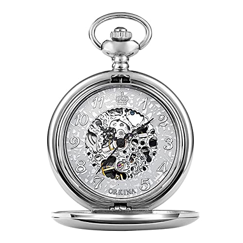 MASKIS Taschenuhr Golden Silber Glatt Automatisch Mechanische Taschenuhr Schlüsselanhänger Kette Handaufzug Hohl Taschenuhr für Männer Frauen, silberfarben von MASKIS