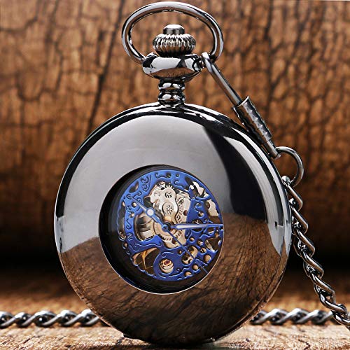 MASKIS Taschenuhr Klassisch Steampunk Schwarz Glattes Gehäuse Hohl Mechanisch Handaufzug Taschenuhr Königsblau Skelett Herren Damen Anhänger Fob Kette von MASKIS