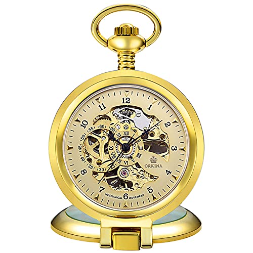 MASKIS Taschenuhr Retro Silber Mechanische Taschenuhren Antik Hohl Steampunk Handaufzug Mechanische Taschenuhr Flip Halskette Uhr mit Kette, gold von MASKIS