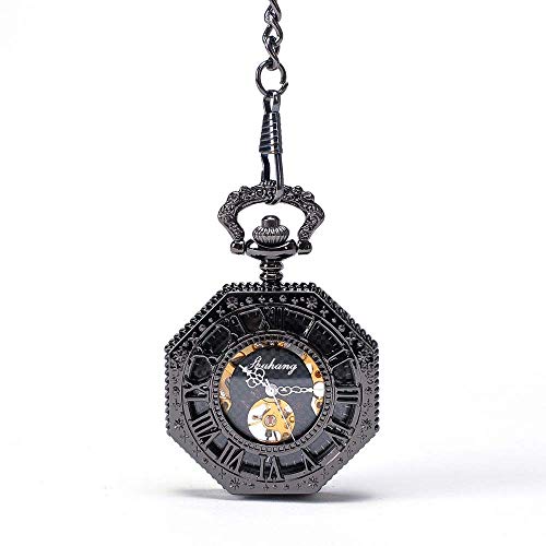 MASKIS Taschenuhr Retro Taschenuhr, Flip durchbrochene Rückseite Tischmechanisch aloktagonale kreative männliche mechanische Uhr für Männer Frauen (Farbe: Schwarz, Größe: 4,7 x 1,5 cm) (Farbe: von MASKIS
