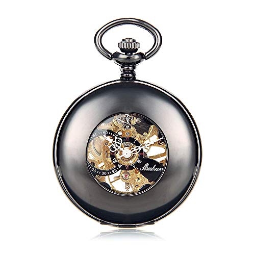 MASKIS Taschenuhr Retro Taschenuhr, Herren Hohl Mechanische Uhr Professioneller Großhandel Mechanische Uhr Retro Mechanische Flip Rund Hohl für Männer Frauen (Farbe: Schwarz, Größe: 4,7 x 1,5 cm), von MASKIS