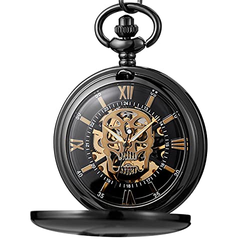 MASKIS Taschenuhr Totenkopf Hohl Mechanische Taschenuhr Anhänger Kette Gold Skelett Handaufzug Taschenuhr Herren Frauen Xmas Halloween Geschenke, Schwarz von MASKIS