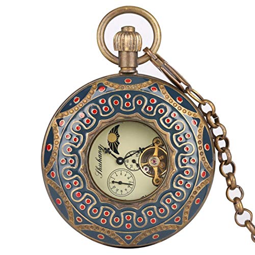 Taschenuhr, Halskette, reines Kupfer, mechanisch, Retro, große Tourbillon-Taschenuhr, stilvolle Doppel-Jäger, hohl, rote Punkte, Standard, Default von MASKIS