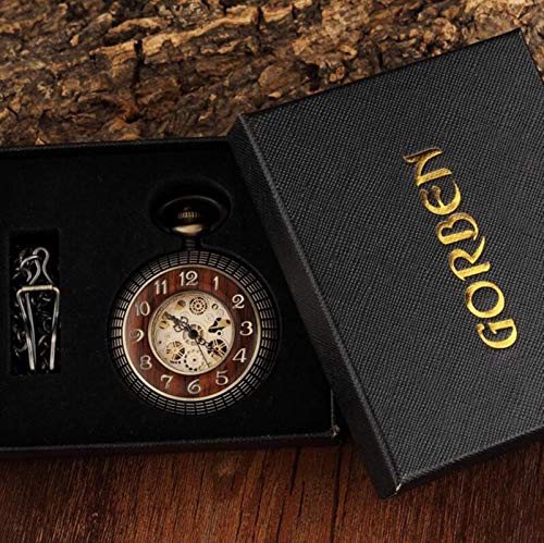 Taschenuhr Halskette Box Paket Massivholz Kette Medaillon Zifferblatt Hohl Steampunk Skelett Herren Herren Uhr Mechanisch mit Box, Mechanical With Box von MASKIS