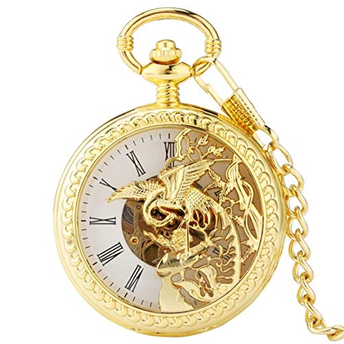 Taschenuhr Halskette Bronze Phoenix Carving Hohlabdeckung Doppelt offenes Gehäuse Taschenuhr Mechanische Handaufzug Kette Uhr für Herren Damen, Gold, Gold von MASKIS