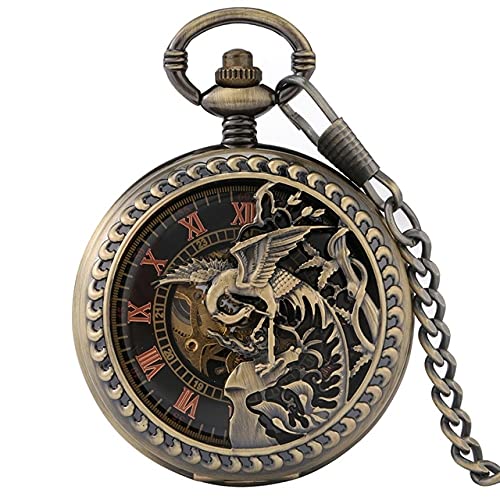 Taschenuhr Retro Bronze Phoenix Carving Hollow Cover Double Open Case Taschenuhr Mechanische Handaufzug Kettenuhr für Männer Frauen von MASKIS