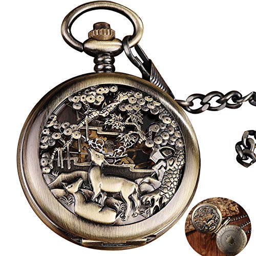 Taschenuhr Vintage Bronze Steampunk Mechanische Taschenuhr Männer Taille Kette Hirsch Hohl Design Zifferblatt Römische Zahl Zwei Offenes Gesicht Männliche Uhr von MASKIS