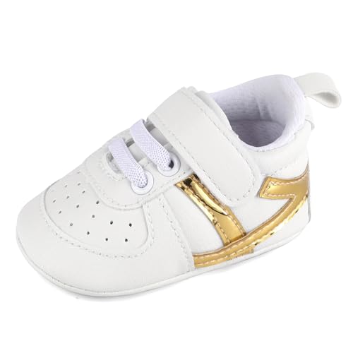 MASOCIO Babyschuhe Junge Mädchen Baby Schuhe Lauflernschuhe Jungen Krabbelschuhe Sneaker Größe 19 Weiß Gold 6-12 Monate von MASOCIO