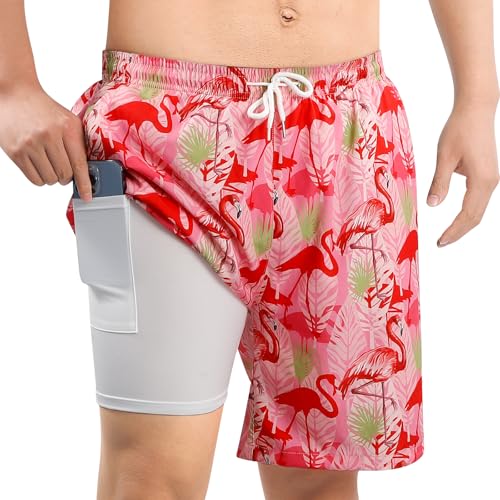 MASOCIO Badehose Herren Lang mit Kompression Innenhose 2 in 1 Badeshorts Männer Ohne Netz Schwimmhose Schwimmen Bade Hose Board Stretch Surf Swimming Swim Shorts Men Herrenbadehose Rot XXL von MASOCIO