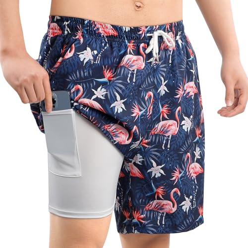 MASOCIO Badehose Herren Lang mit Kompression Innenhose 2 in 1 Badeshorts Männer Ohne Netz Schwimmhose Stretch Schwimmen Bade Hose Board Surf Swimming Swim Shorts Men Herrenbadehose Marineblau XL von MASOCIO